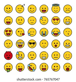 Set of cute smiley emoticons, flat design, vector illustration