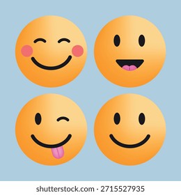 Conjunto de emojis de rosto sorridente bonito com diferentes expressões felizes em um fundo leve. Ícones coloridos de desenhos animados para bate-papo, mídias sociais, adesivos, aplicativos e design gráfico divertido. Ilustração vetorial.