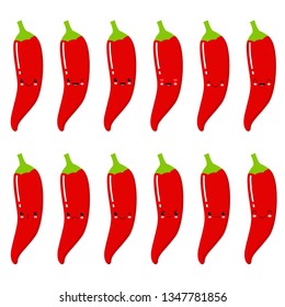 Set of cute smiley red hot peppers. Set of Emoji pepper. Smile fruits.