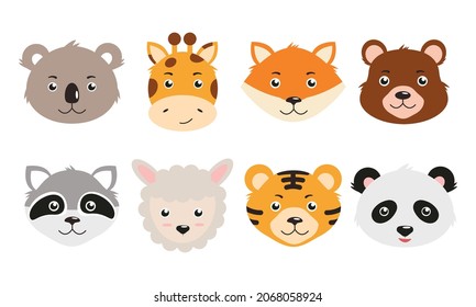 Set of cute smiling animals. Cartoon zoo. Giraffe, llama, tiger, bear, fox, koala, panda, raccoon. Vector illustration in flat style