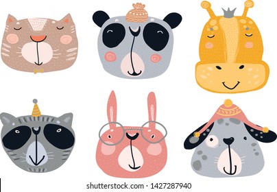 Set of cute  smiling animals characters. Cartoon zoo. Vector illustration. Giraffe, dog, cat, panda, raccoon, rabbit.