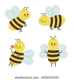 Set of cute smiling bees. Design element for postcard, card, sticker, print. Isolated vector illustration 