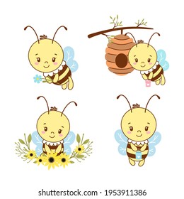 Set of Cute smiling bees. Vector illustration.
