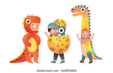 Set of cute smiling boys in colorful dinosaur costumes.Vector illustration in flat cartoon style.