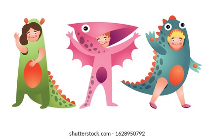 Set of cute smiling boys and girls in colorful dinosaur costumes.Vector illustration in flat cartoon style.
