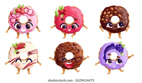 A set of cute smiling characters from different donuts. The concept of a children's party, bakery. Isolated vector illustration for the design of postcards, invitations, posters, banners