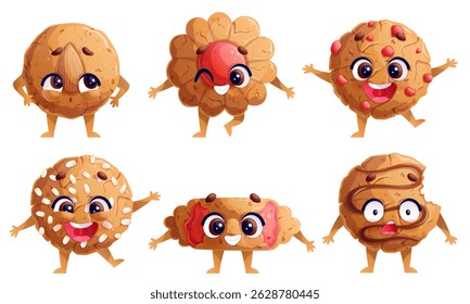 A set of cute smiling characters from various cookies. The concept of a children's party, bakery. Isolated vector illustration for the design of postcards, invitations, posters, banners