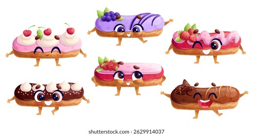 A set of cute smiling characters from various eclairs. The concept of a children's party, bakery. Isolated vector illustration for the design of postcards, invitations, posters, banners