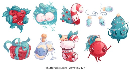 Un conjunto de lindas Navidades sonrientes y personajes del Año Nuevo. Ilustración vectorial de dibujos animados para niños para el diseño de postales, postales para imprimir, textiles