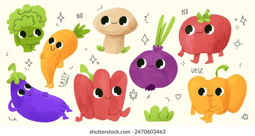 Un conjunto de personajes de fruta sonriente lindo. Ilustración infantil de Vector con acuarela y textura de ruido y garabatos. Imagen moderna de moda. 