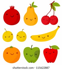 Set of cute smiling fruits. Vector illustration