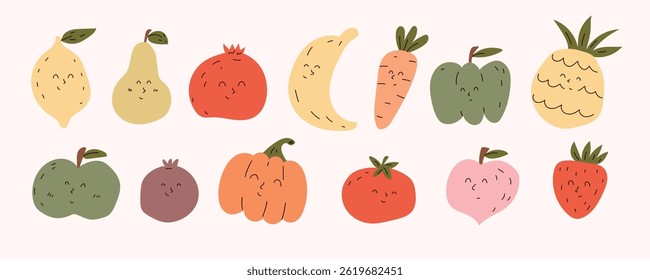 Set of cute smiling fruits and vegetables in flat cartoon style. Perfect for kids designs, educational materials, stickers, packaging, and greeting cards. 