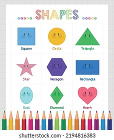 Set of cute smiling geometric shapes. Cartoon characters for children education. Basic geometric shapes for English speakers. Vector illustration in flat style. Back to school.