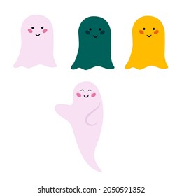 Set of cute smiling Ghosts. Colorful ghosts in cartoon style, Halloween symbol. Halloween concept. Illustration isolated on white background.  Good for web and print  