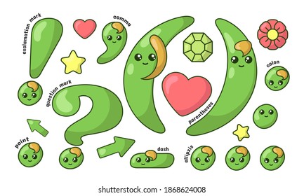 Set of cute smiling green kawaii punctuation marks in doodle style. Colored funny cartoon isolated vector illustration in flat design with shadows