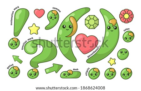 Set of cute smiling green kawaii punctuation marks in doodle style. Colored funny cartoon isolated vector illustration in flat design with shadows