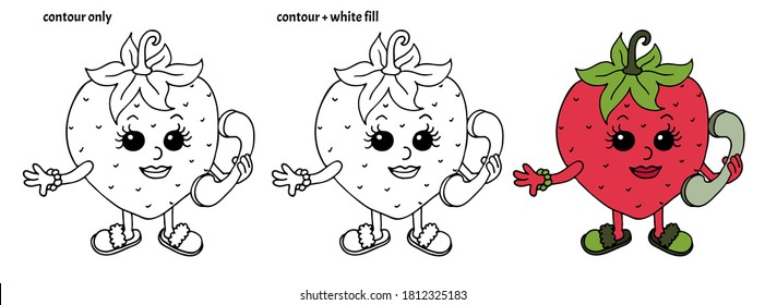 Set of cute smiling hand drawn strawberries with phone and slippers. Colored isolated cartoon vector illustration