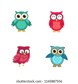 Set cute smiling happy owl graphic design template. Tee print, shirt, embroidery, flat design for kids fashion textile. Animal concept vector illustration collection