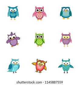 Set cute smiling happy owl graphic design template. Tee print, shirt, embroidery, flat design for kids fashion textile. Animal concept vector illustration collection