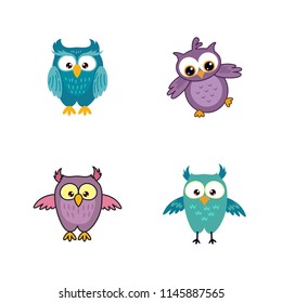 Set cute smiling happy owl graphic design template. Tee print, shirt, embroidery, flat design for kids fashion textile. Animal concept vector illustration collection