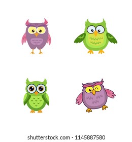 Set cute smiling happy owl graphic design template. Tee print, shirt, embroidery, flat design for kids fashion textile. Animal concept vector illustration collection