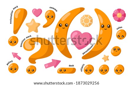 Set of cute smiling orange kawaii punctuation marks in doodle style. Colored funny cartoon isolated vector illustration in flat design with shadows