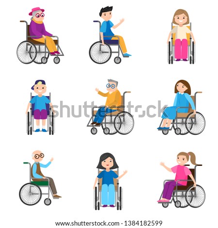 Set of cute smiling persons with motion disability in wheelchairs