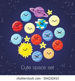 Set of cute smiling planets, sun, moon and stars. Vector illustration.