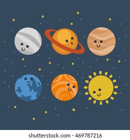 Set of cute smiling planets. Vector illustration.