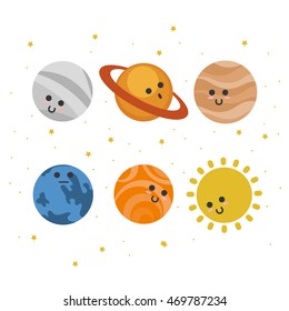 Set of cute smiling planets. Vector illustration.