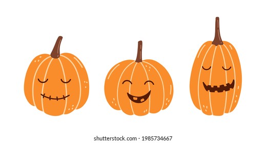 Set of cute smiling pumpkins for Halloween isolated on white background. Vector hand-drawn illustration in cartoon flat style. Suitable for cards, invitations, greeting designs, decorations.