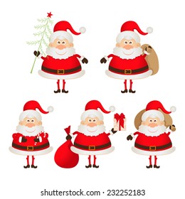 set of cute smiling Santa Claus, vector illustration.