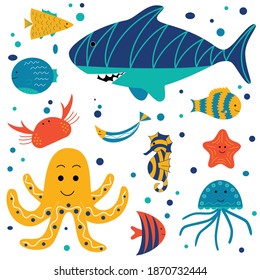 Set with cute smiling sea animals - shark, seahorse, crab, octopus, jellyfish, starfish and various fish. Marine and ocean fauna isolated on white background. Flat cartoon vector illustration.
