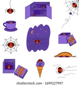 Set of cute smiling spiders. Comic colored spiders in different funny situations. Design template for Halloween postcards, cards, greeting cards, posters, cover etc. Vector illustration.