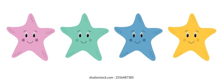 Set of cute smiling starfish of different colors on a white background. Isolated vector illustration.	