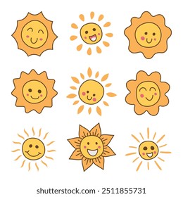 Set of cute smiling sun cartoon 