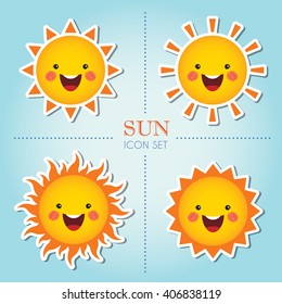 Set of cute smiling sun cartoon character in different shapes / Sun icon set /  Summer vector illustration.