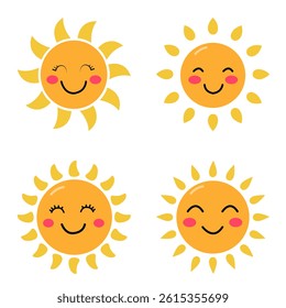 set with cute smiling suns on a white background
