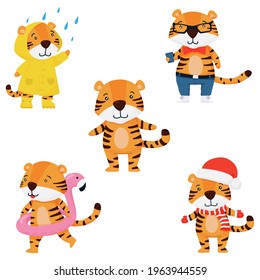 Set of cute smiling tigers. Symbol of 2022. Vector illustration for postcards, stickers, banners and more.