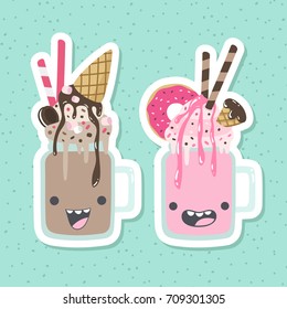 Set of cute, smiling vector milkshakes. Non-alcoholic beverages. Sweet, chocolate, strawberry drinks