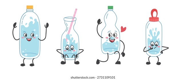Conjunto de personajes lindos sonrientes de la botella de agua con brazos y piernas. Divertida Ilustración vectorial plana que promueve la hidratación, perfecta para diseños infantiles, carteles de salud, pegatinas, materiales escolares, App y proyectos temáticos de bienestar.