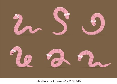 Set of cute smiling worms in different poses on earth