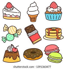 Set of cute snacks and sweets with outlines