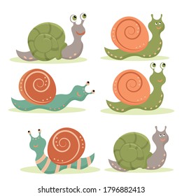 Set cute snail cartoon, isolated on white background. Vector flat illustration.