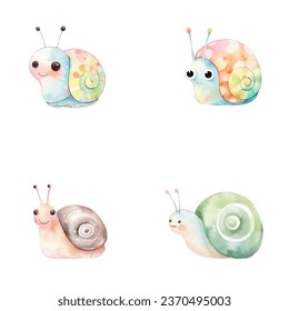 set of cute snail watercolor illustrations for printing on baby clothes, sticker, postcards, baby showers, games and books, safari jungle animals vector