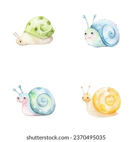 set of cute snail watercolor illustrations for printing on baby clothes, sticker, postcards, baby showers, games and books, safari jungle animals vector