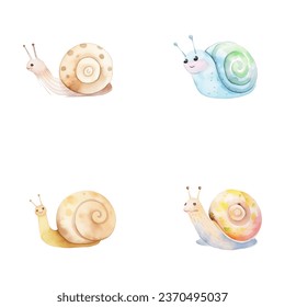 set of cute snail watercolor illustrations for printing on baby clothes, sticker, postcards, baby showers, games and books, safari jungle animals vector