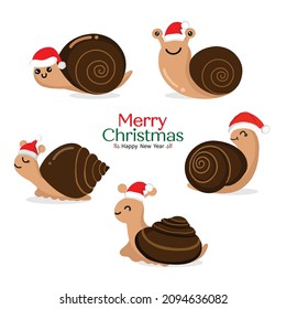 Set of cute snail wearing Santa's hat for christmas.