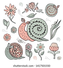 Set of cute snails. funny cartoon characters for children. beautiful illustrations. Happy drew for your design. beautiful cartoon elements.