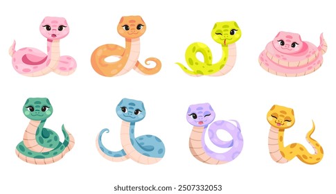 Set of cute snake cartoon characters isolated on white background. Friendly characters of smiling reptile. Kawaii serpents. Kids flat vector illustrations.  Chinese zodiac symbol, 2025 new year animal